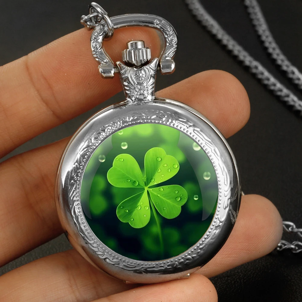 Collana per orologio da tasca al quarzo con cupola in vetro a quadrifoglio in acciaio inossidabile argento moda personalizzata Collana con ciondolo gioielli da donna