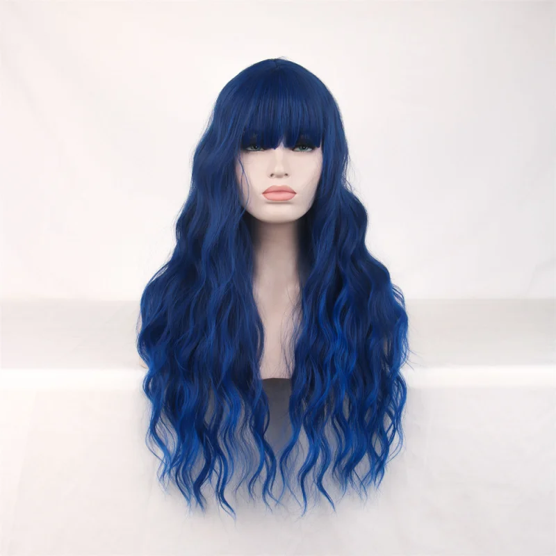 

Длинный вьющийся синий парик для женщин с челкой, синтетический парик из Европы и Америки с градиентными шерстяными завитками и большой волной