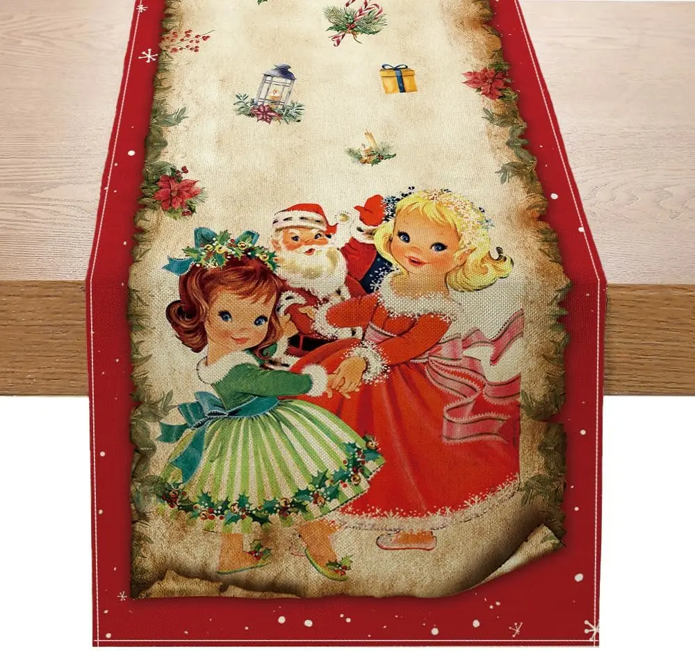 1 Stück rote Retro-Weihnachtstischflagge, mit Cartoon-Weihnachtsmann-Aufdruck, festliche Dekoration für den Innenbereich, Weihnachtsbaumschmuck