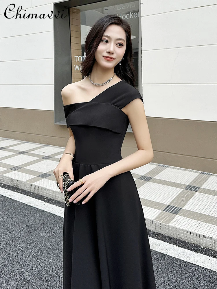 

French Elegant High-end Black Evening Dress Sleeveless Off-Shoulder High Waist Slim A-line Banquet Temperament Long Dress Women
