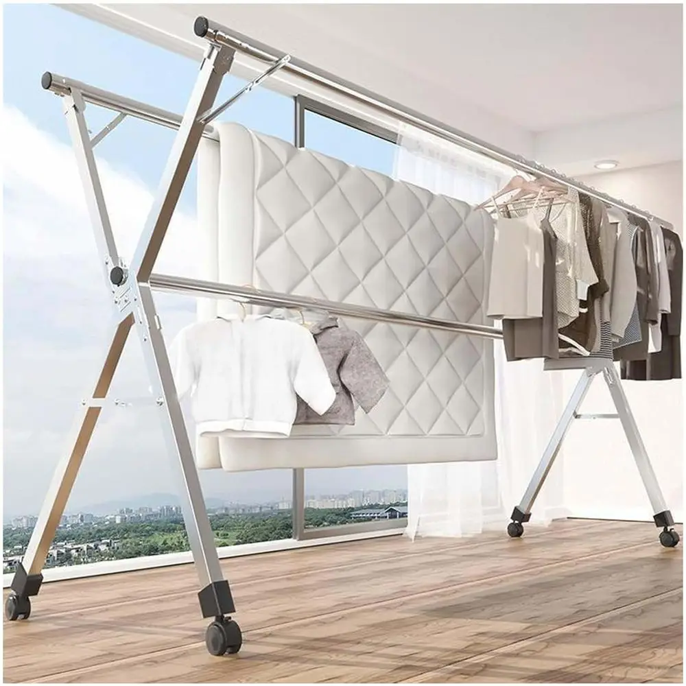 

Портативная сверхмощная стальная полка для белья, сушка в помещении и на открытом воздухе 160 см, 20 крючков и 12 зажимов