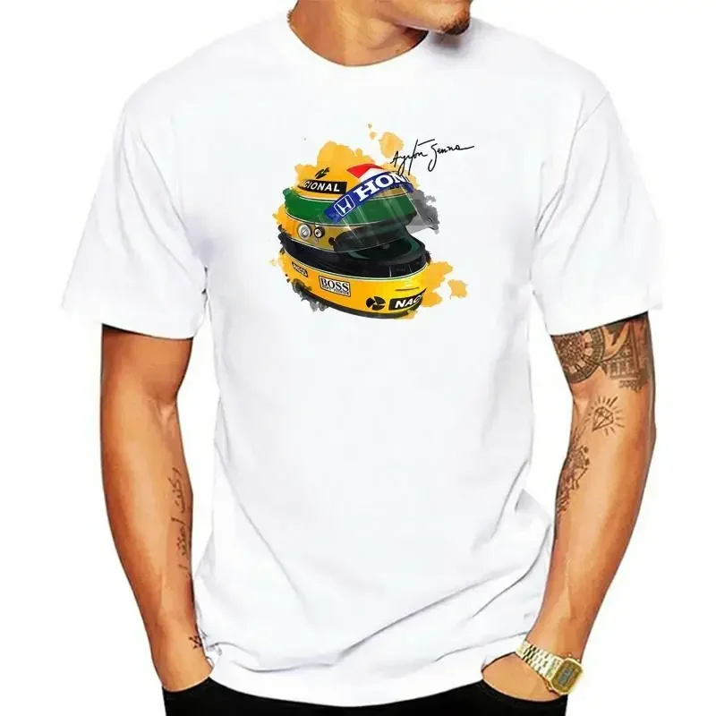 Men 100% Cotton Short Sleeve Tee Shirt Signature Man T Shirt Ayrton Senna Helmet T-Shirt  Tops 1 Race Car  Watercolor harajuku