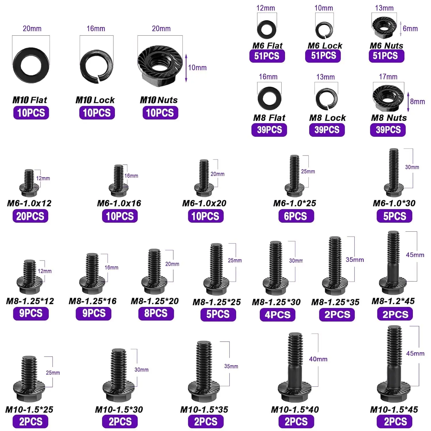 مجموعة متنوعة من مسامير شفة متري 400 قطعة، مسمار M6x1.0 درجة 10.9، مسمار M8x1.25، مسمار M10x1.5 (12 مم إلى 45 مم) لوح زنك أسود #2