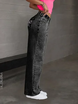 Girls Y2K Butterfly Embroidered Jeans 4 Girl's Y2K style butterfly knot embroidered casual trendy all-purpose straight dark denim pants, comfortable fabric suitable. 4