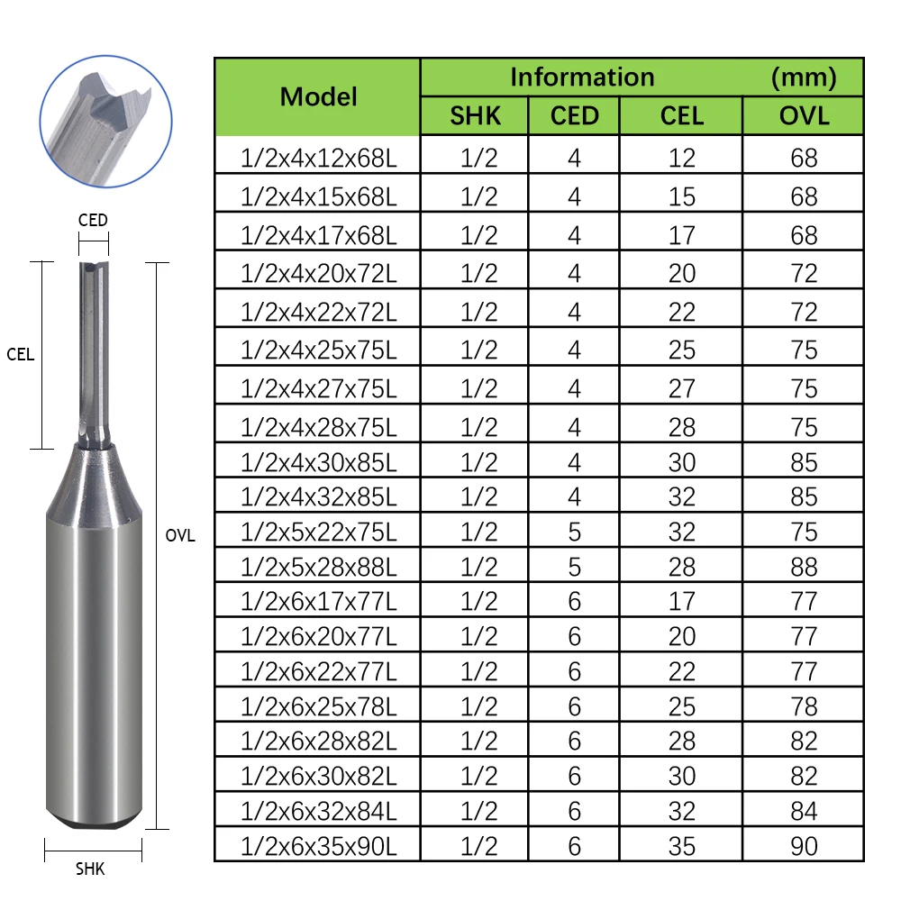 1Pcs 1/2 Shank TCT 2 Flute Straight Router Bits Woodworking Carving Wood Engraving Milling Cutter Carbide CNC Bits