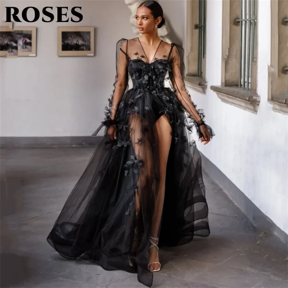 

ROSES Black Tulle Long Party Dress A Line Vintage Appliques Pleats Night Dress V-neck Lace Celebrity Dress vestidos de fiesta