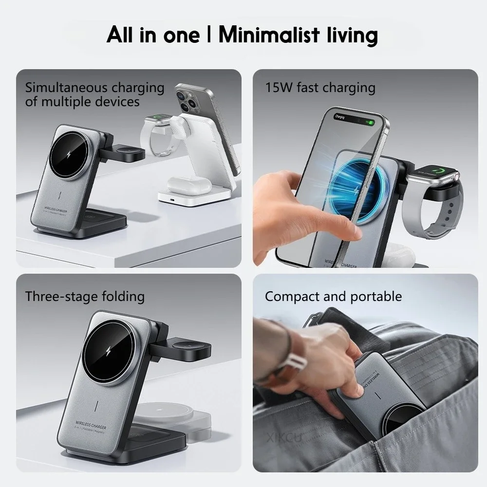 Magnetyczna ładowarka bezprzewodowa 3 w 1 Travel Magnetic do Magsafe iPhone 17 16 15 Pro Max 14 13 12 iWatch 11-2 Airpods Pro Szybkie ładowanie