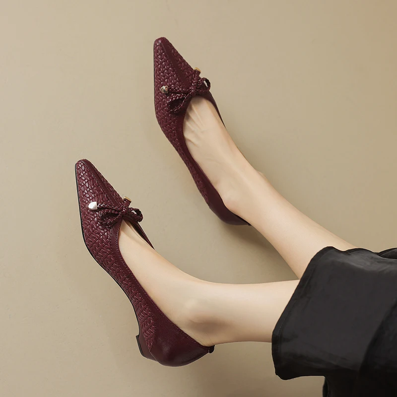 جلد طبيعي Bowknot أشار تو الانزلاق على مضخات مكتنزة كعب منخفض فستان الضحلة أحذية للنساء #2