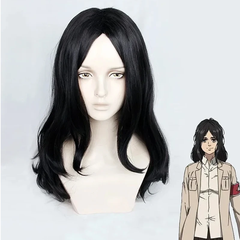 60cm Long Pieck Finger Synthetic Wig Black Curly Hair Cosplay Anime Wig Heat Resistant Hair Halloween Party Woman Wigs + Wig Cap