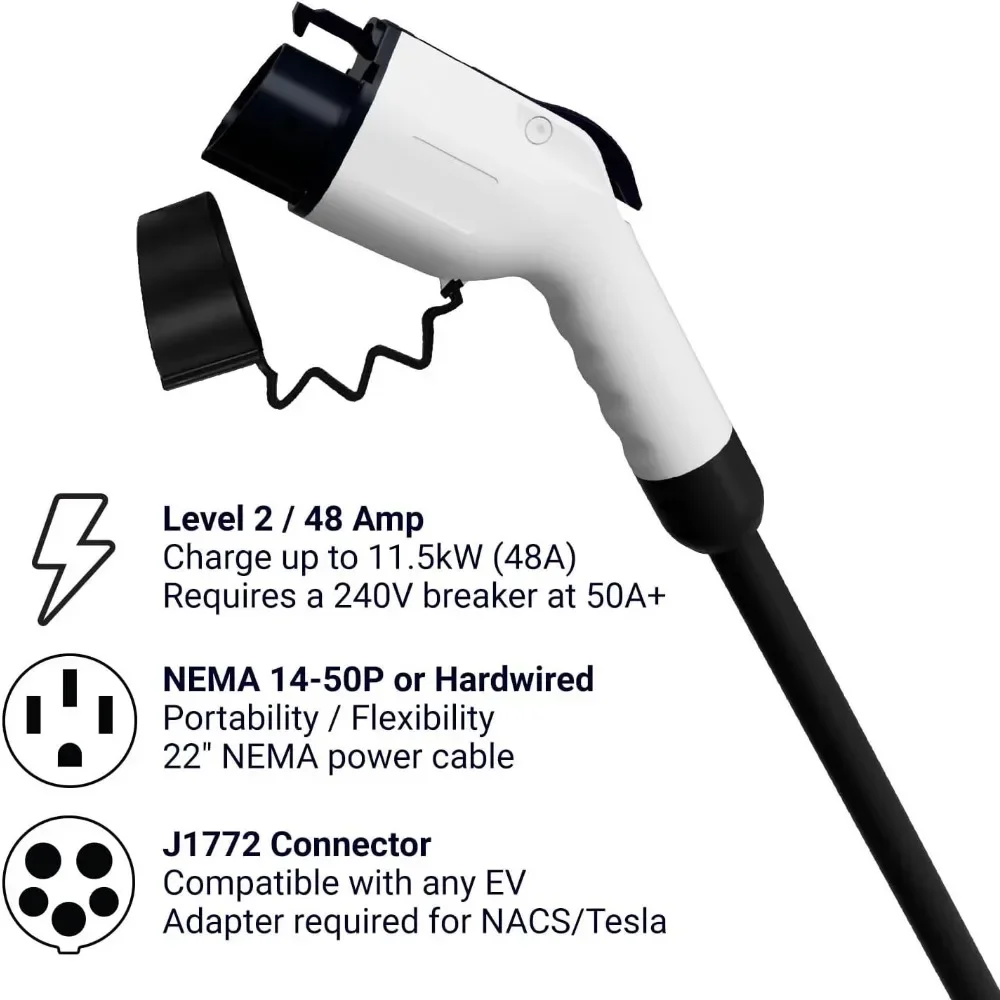 Level 2 EV Charger - NEMA 14-50 EVSE w/ J1772 Charger - 48 amp EV Charger Level 2, 240v WiFi Enabled Electric Vehicle Charging