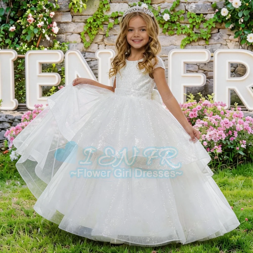 

Индивидуальное платье для девочки-цветочницы: белое платье принцессы с пайетками и бантом для свадьбы, дня рождения, праздника, первого причастия