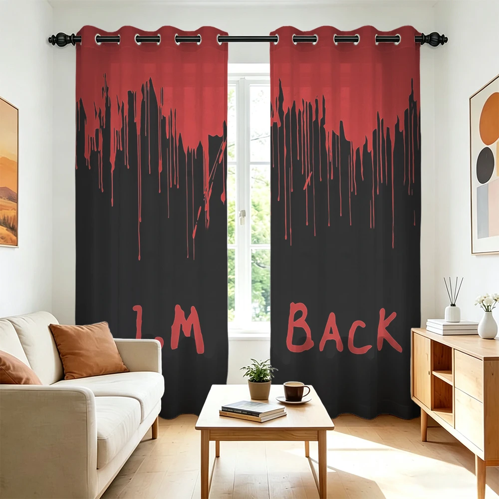 2Pcs Red Black Bloodstain I'M BACK Pattern Curtains Perforated Hole‑Punch Design Blackout Privacy Curtain For Living Room Bed