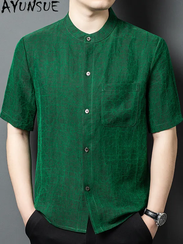 AYUNSUE 100% Real Mulberry Silk Shirts for Men Summer High-end Gauze Silk Shirt Man Clothing Short Sleeve Tops Green Shirt Stand