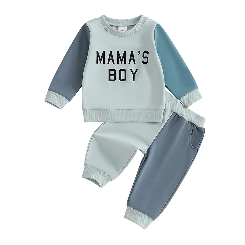 Baby Boy 2Pcs Fall Outfit Long Sleeve Letter Pattern Sweatshirt Contrast Color Pants Set Toddler Clothes