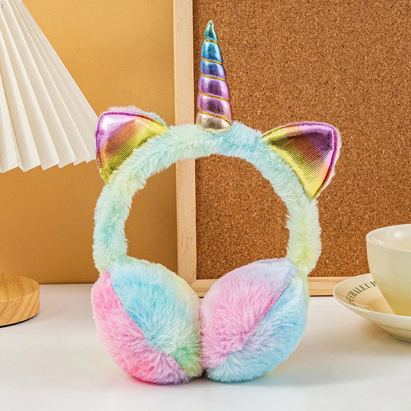 Coppe auricolari calde per bambini unicorno per l'inverno, a prova di freddo, imitazione coniglio, peluche, borsa auricolare retrattile indossabile