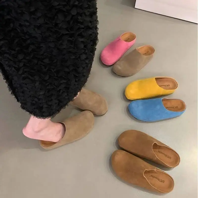 

Suede Mule Shoes Autumn Round Closed Toe Women's Slippers Fashionable Outdoor Platform Cowhide Clog Mules Shoes Woman