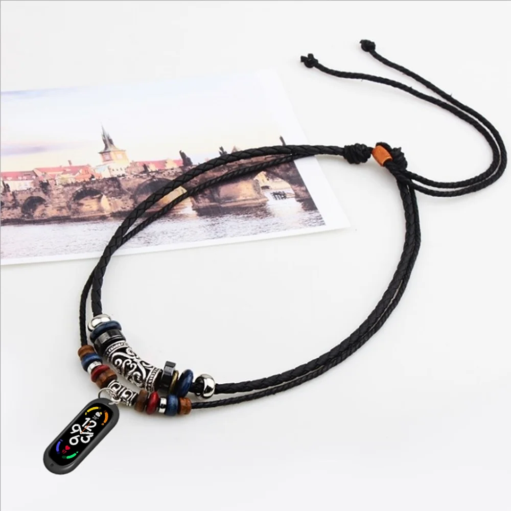 Suitable for Mi Band 7/5/6 necklace rope double beaded leather rope 7 nfc braided retro necklace rope