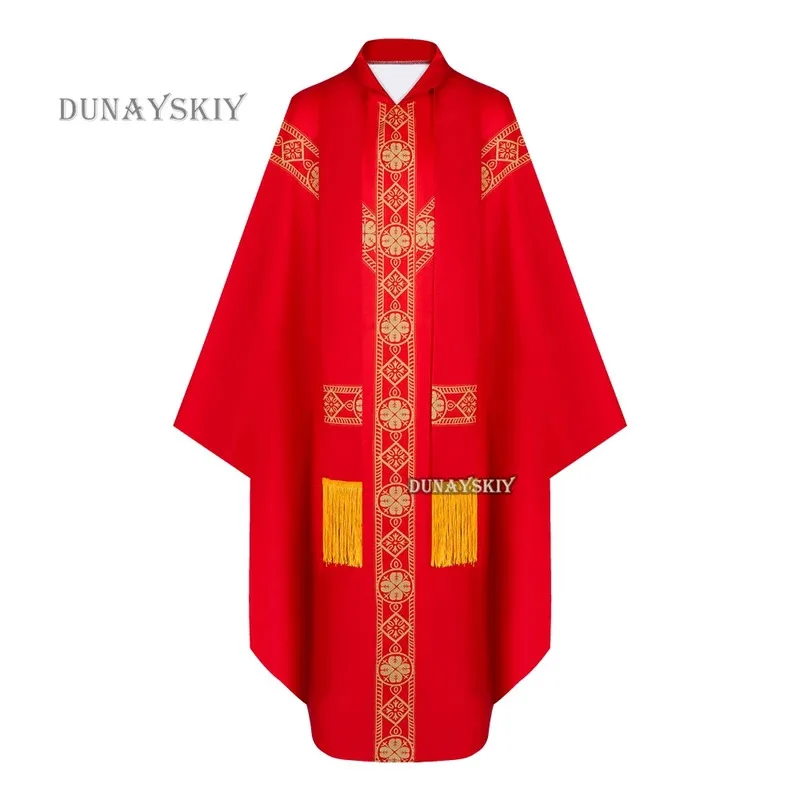 2024 جديد الكاهن الاحتفال Chasuble الكنيسة الكاثوليكية الأب الشامل سترة رداء مع شرابة رجال الدين فستان الحفلات رداء
