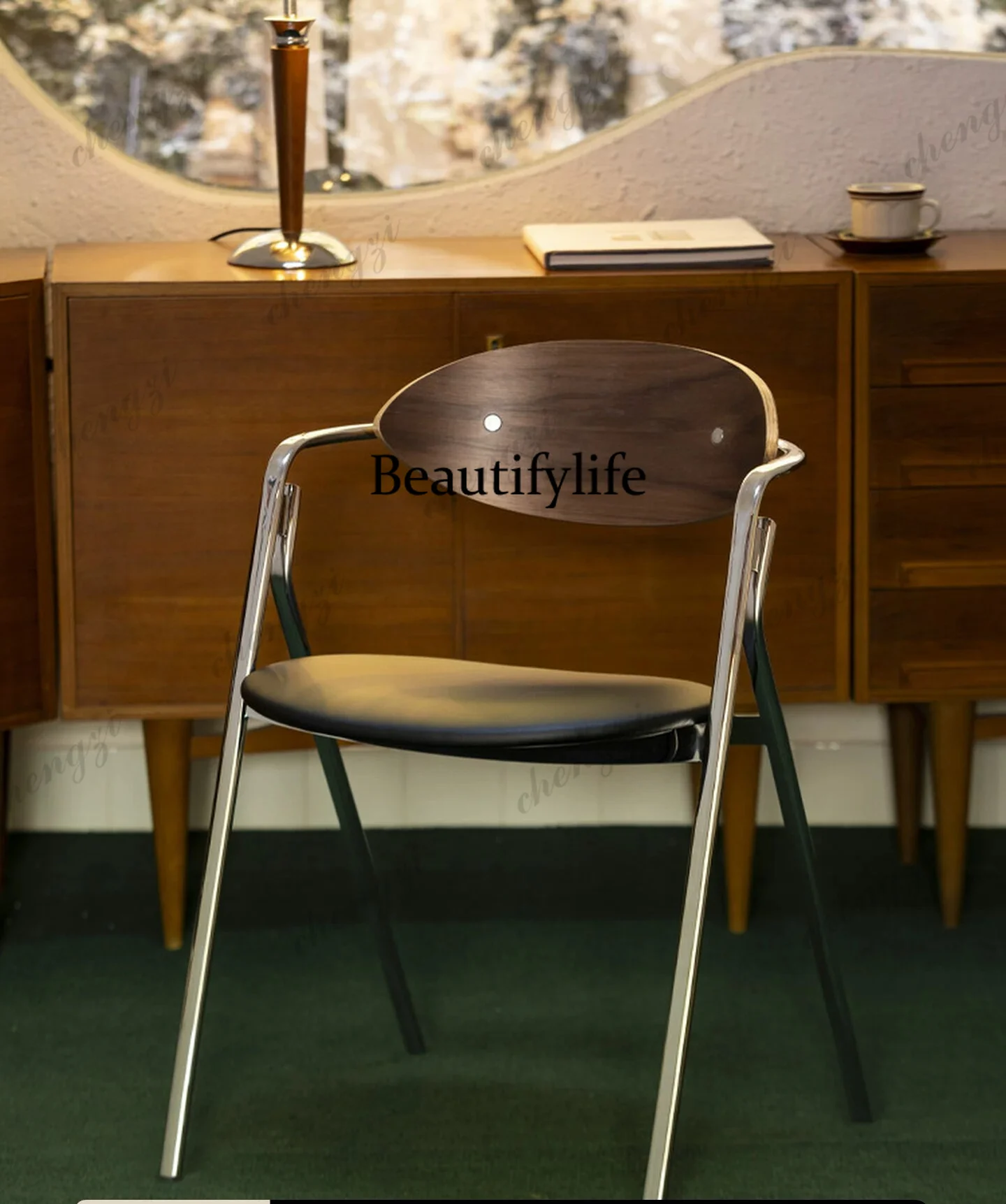 Solid wood stainless steel back chair light luxury high-grade steel tube chair household dining chair