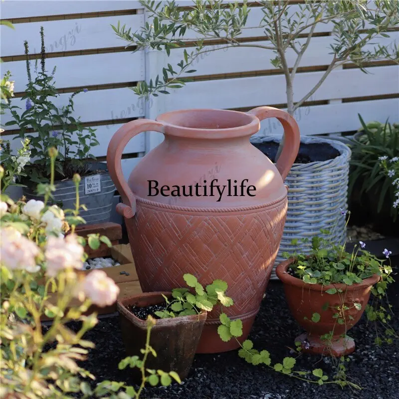 Binaural big belly jar old ceramic color outdoor garden garden decoration landscaping ornament
