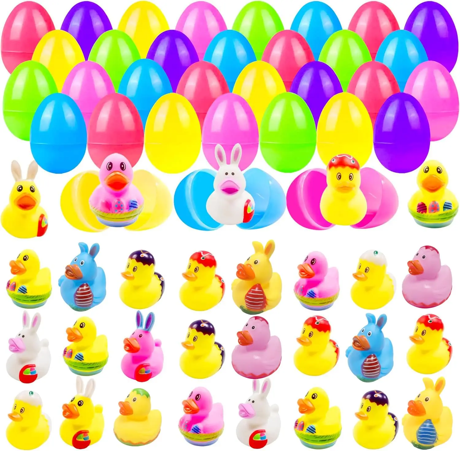 24 Pcs Prefilled Easter Eggs with Bunny Duckies,Bright Colorful Easter Eggs Prefilled with Variety Duckies for Fun Bath Bunny Du