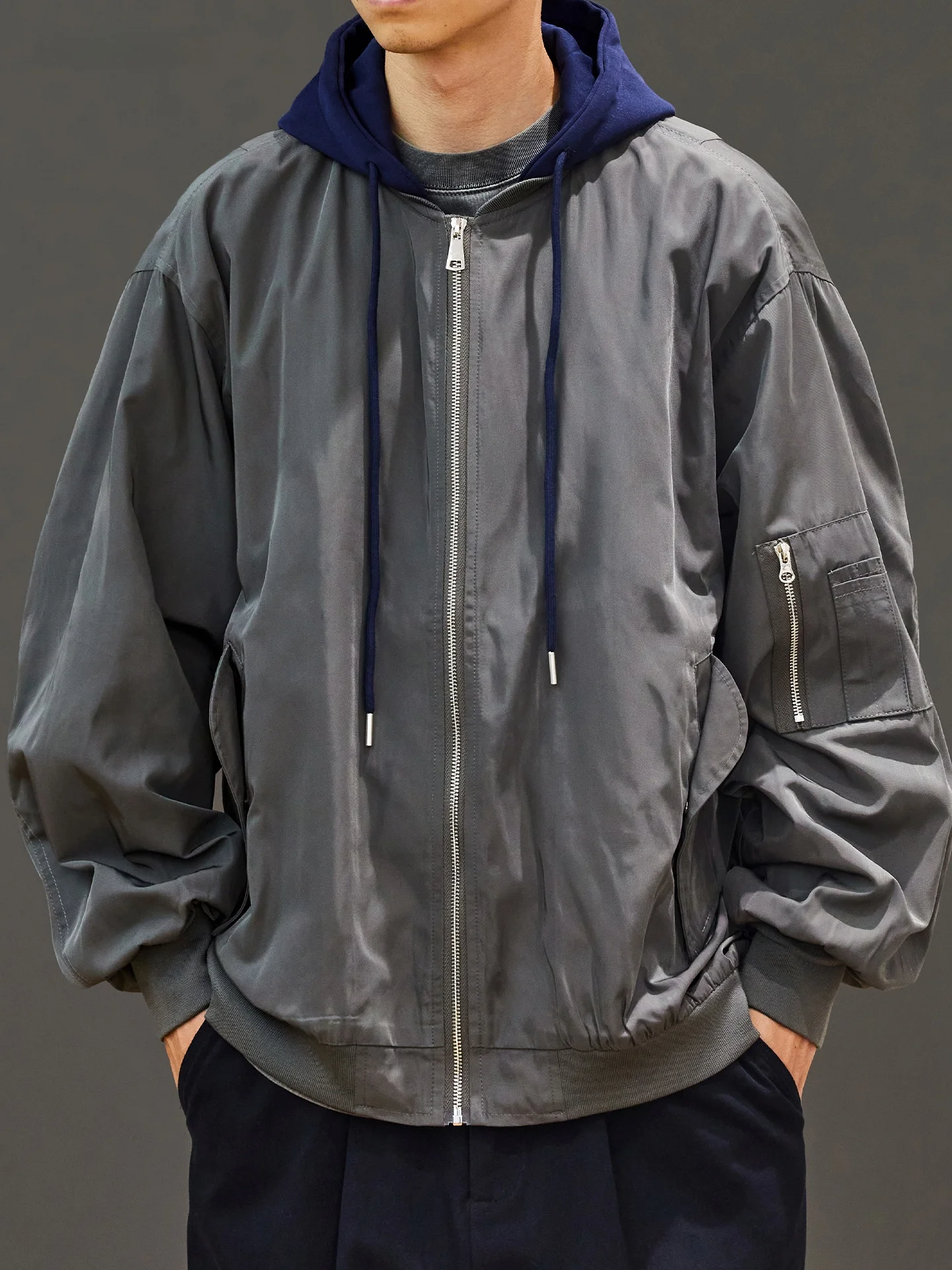 アメリカンストリート スレ メンズ ルーズフィット フード付きジャケット 秋冬 カジュアル フライトコート フェイクツーピース ユース ポリエステル繊維