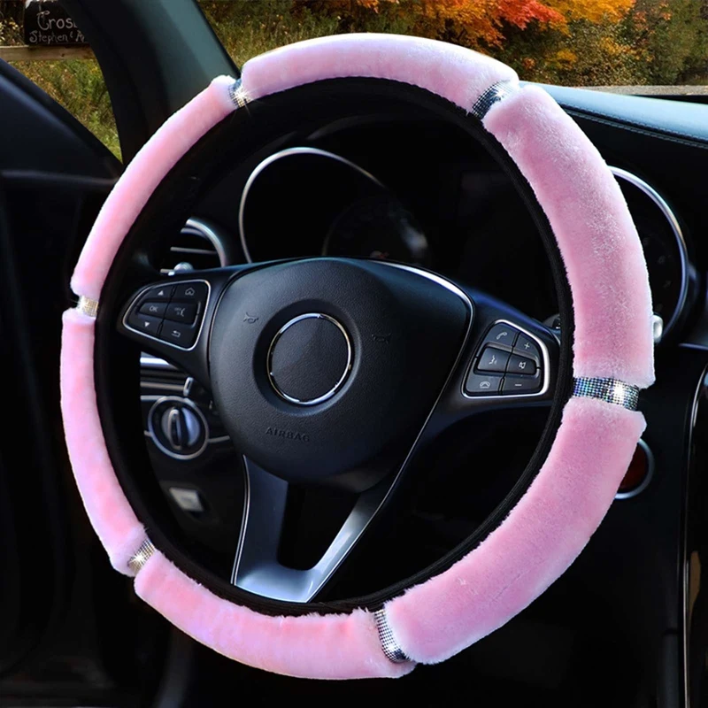 Car Steering Wheel Cover Gearshift Handbrake Cover Protector Decoration Warm Soft Plush Rhinestone Black Pink Women Man