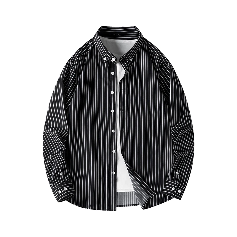 Spring Autumn Men's Striped Turn-down Collar Long Sleeve Button Cardigan Shirt Coats Casual Loose Office Lady Vintage Tops