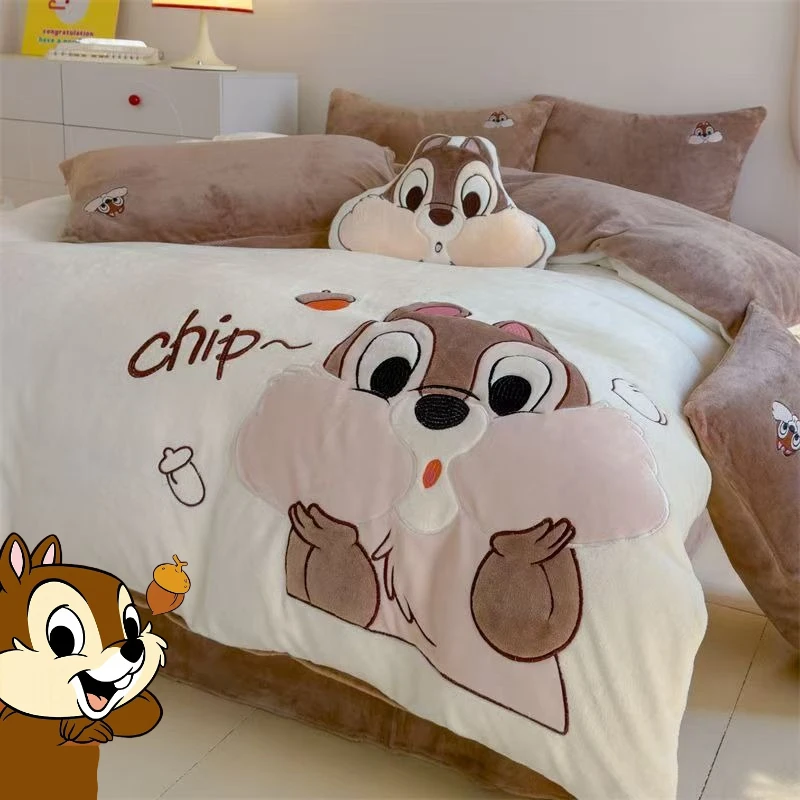 

Disney Chip and Dale cartoon cute bedding Kawaii winter coral fleece embroidered bed sheet duvet cover four-piece set gift