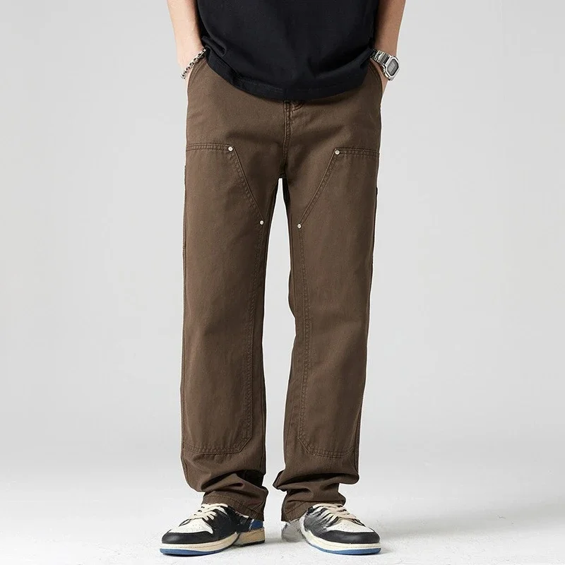 أزياء رجالية أمريكية جديدة بلون سادة غير رسمية عصرية فضفاضة مستقيمة مقسمة سراويل عالية الشارع ملابس خروج للرجال