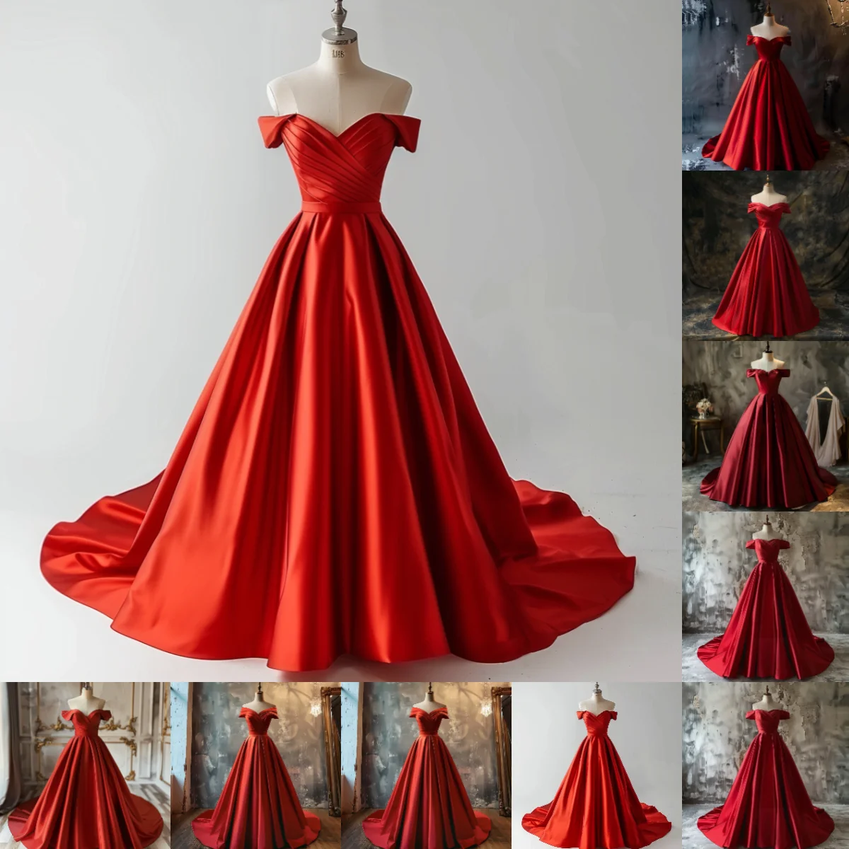 New Red Full Length Lace Up Back Off The Shoulder Hand Made Custom Evening Dress Brithday Formal Occasion Homecoming Skirt W4-25