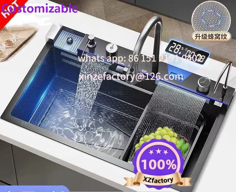 Customizable Feiyu Waterfall 304 Kitchen Honeycomb Sink Single Slot Digital Display Stainless Steel Vegetable Basin