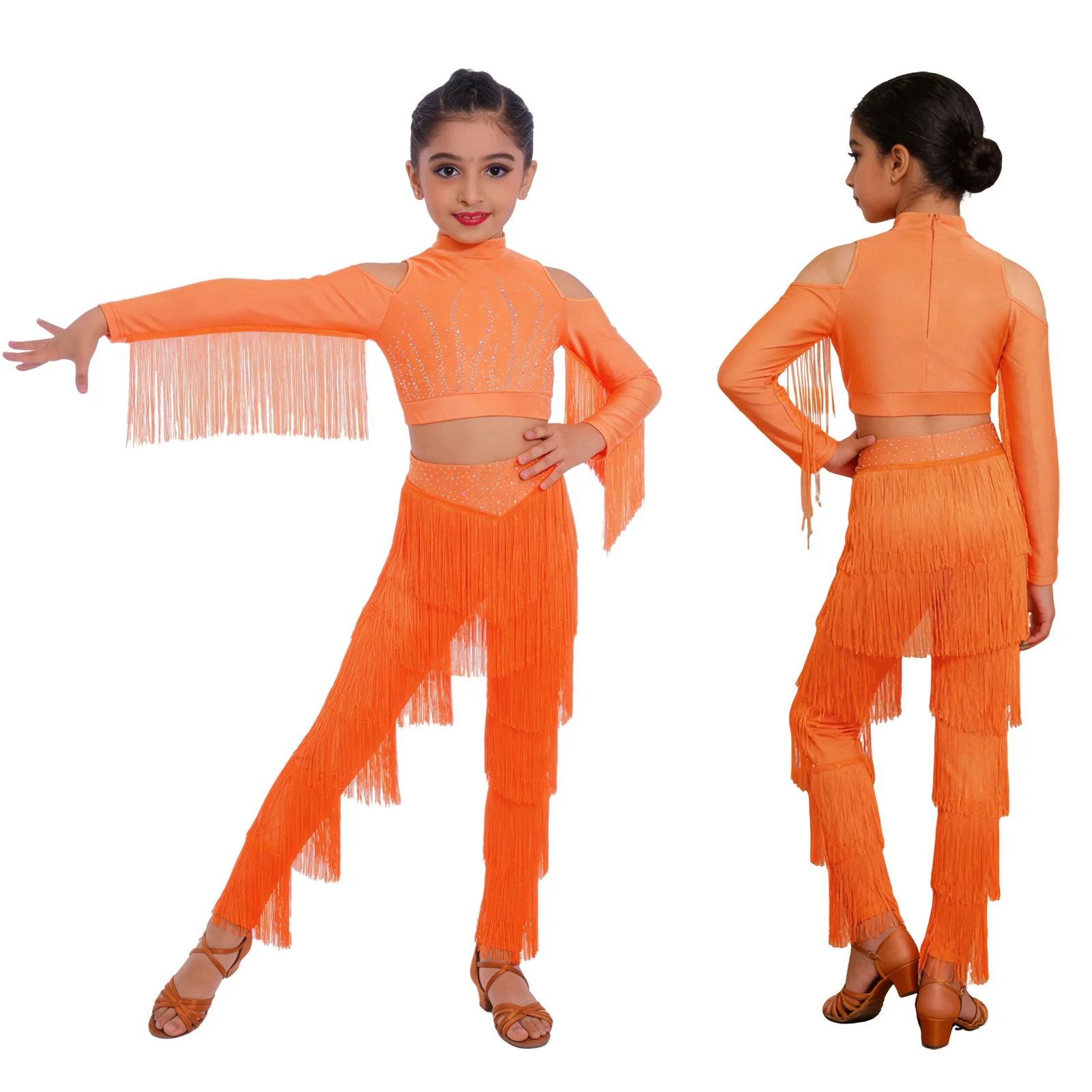 

Kids Girls Latin Cha-cha Tango Rumba Dance Outfit Tassels Long Sleeves Rhinestones Crop Top with Tiered Fringed Pants Dancewear