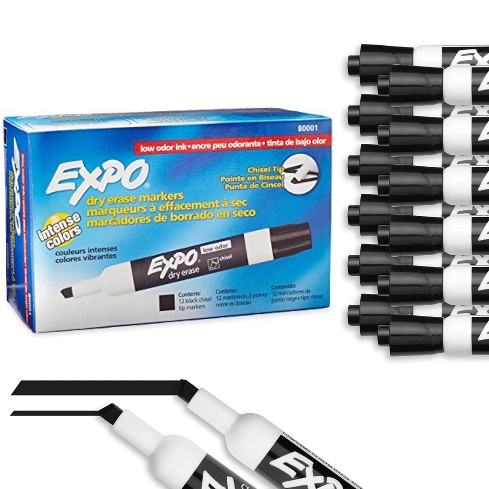 

12 шт. Sharpie EXPO маркеры для сухого стирания с низким запахом, черные чернила, масло, белая доска, маркеры для письма, долото, наконечник - упаковка из 12 шт.