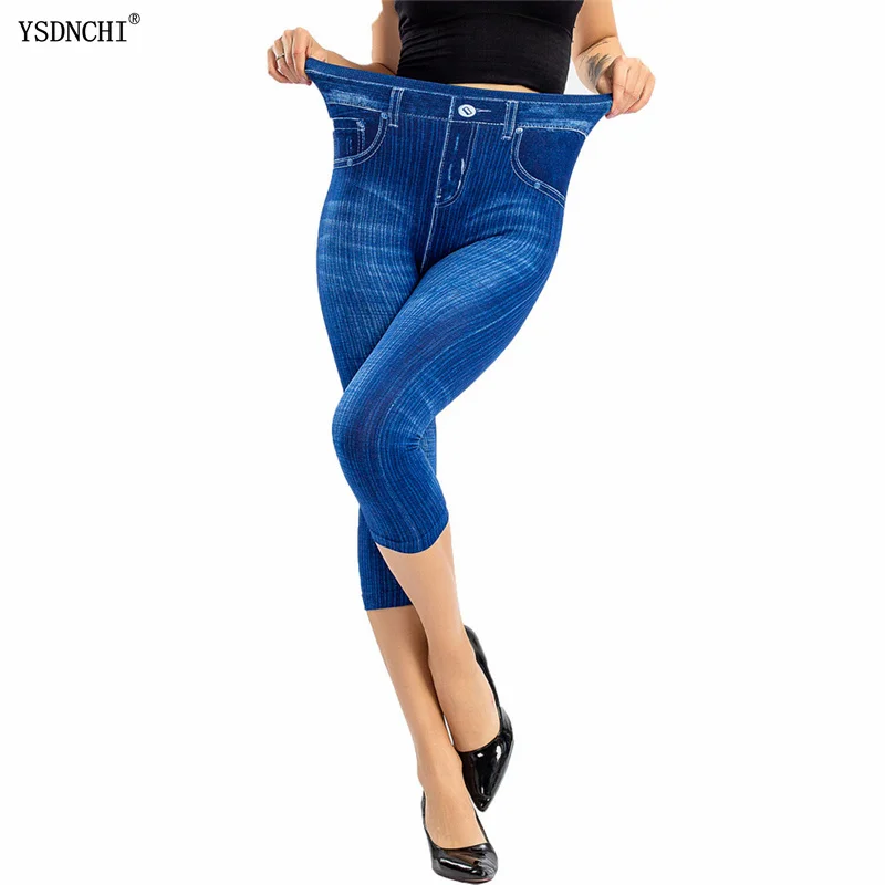 YSDNCHI High Waist Tights Summer Capris Women Pockets Faux Jeans Denim Fitness Leggings Fashion Slim Stretch Short Pencil Pants