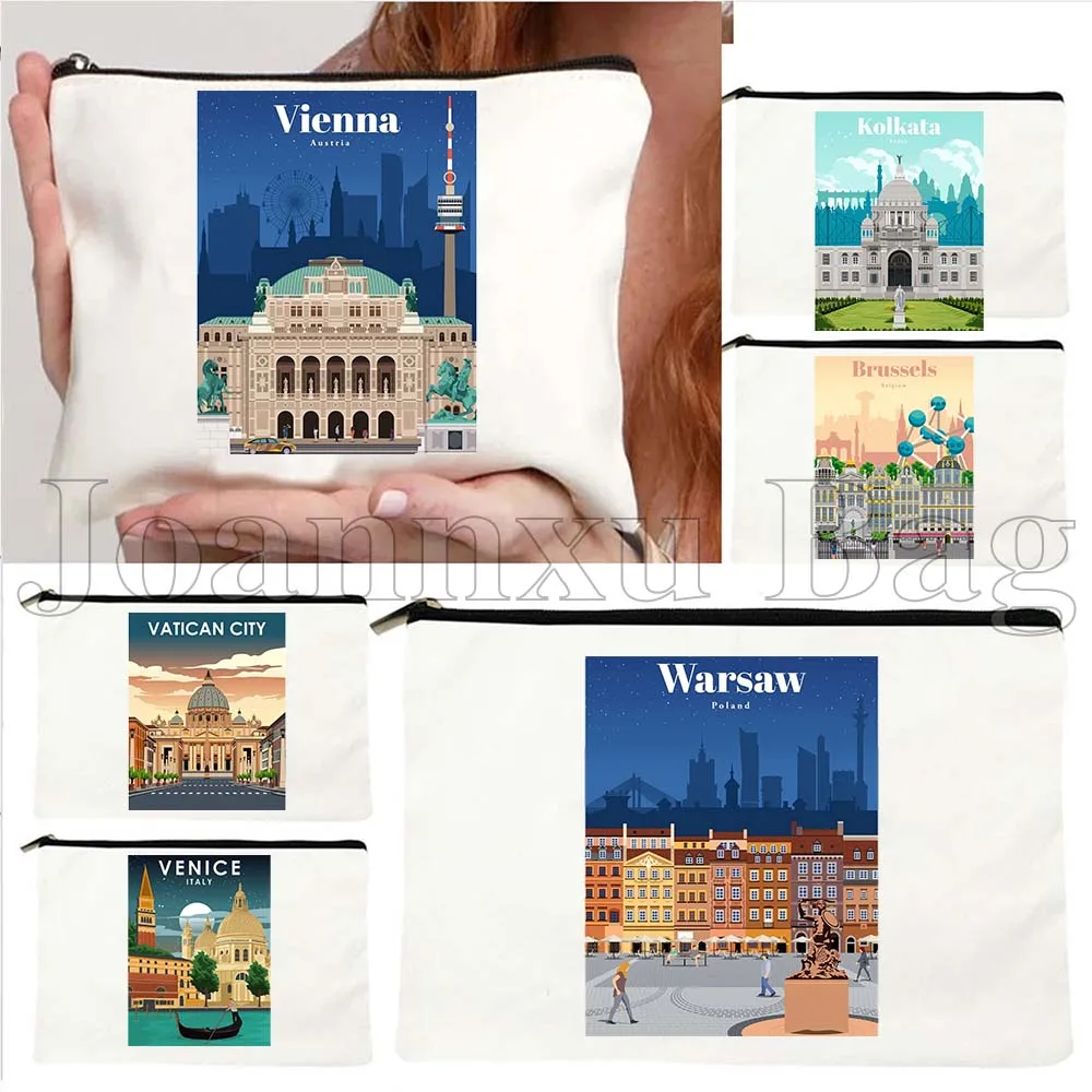 

Singapore Sofia Stockholm Sydney Taj Mahal Venice Vienna Brussels Warsaw Yerevan Canvas Cosmetic Makeup Bag Pencil Case Pouch