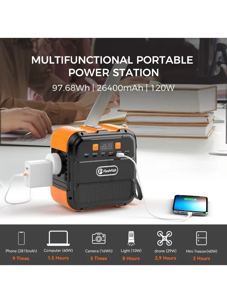 FF Flashfish Tragbares Kraftwerk, 230 V, wiederaufladbar, Mini, 120 W, 97,68 Wh Akku, Solargenerator, Powerbank, Typ C, für Flugzeug