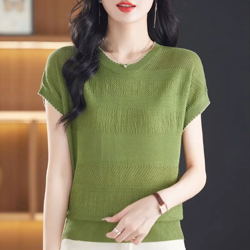 New Summer Solid Color Round Neck Short Sleeve Knitted Sweater Loose Ice Silk Stylish Thin Top