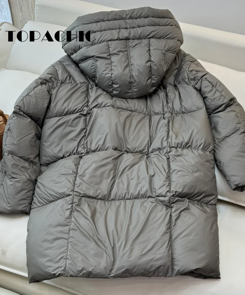 8.28 TOPACHIC Women Autumn Winter New Hat Detachable Mid-Length Down Jacket Zipper Pocket Design Loose Goose Down Outerwear