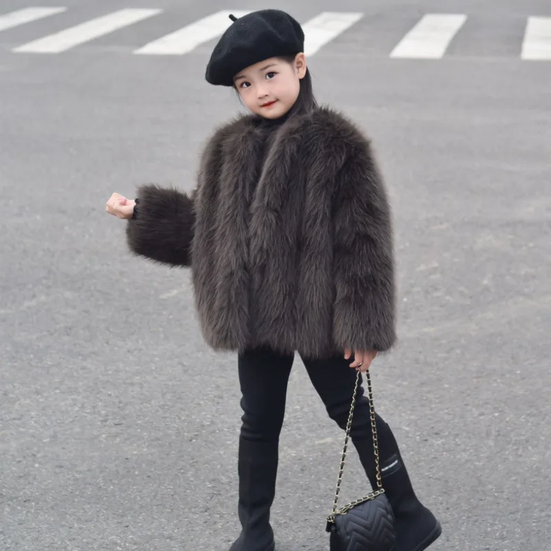 

Faux Fur Coats Children Solid Fur Jackets Round Neck Long Sleeves Open Stitch Thick Warm Fur Loose Fit Casual 2025 Autumn Winter