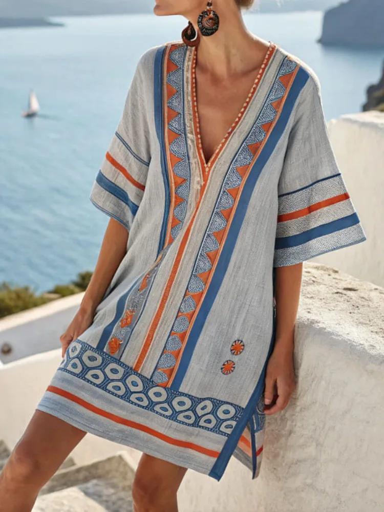 Women 2025 Elegant Patchwork Print  A Line Dress Spring Summer Half Sleeve Casual V-Neck Ladies Loose Party Dresses Streetwear