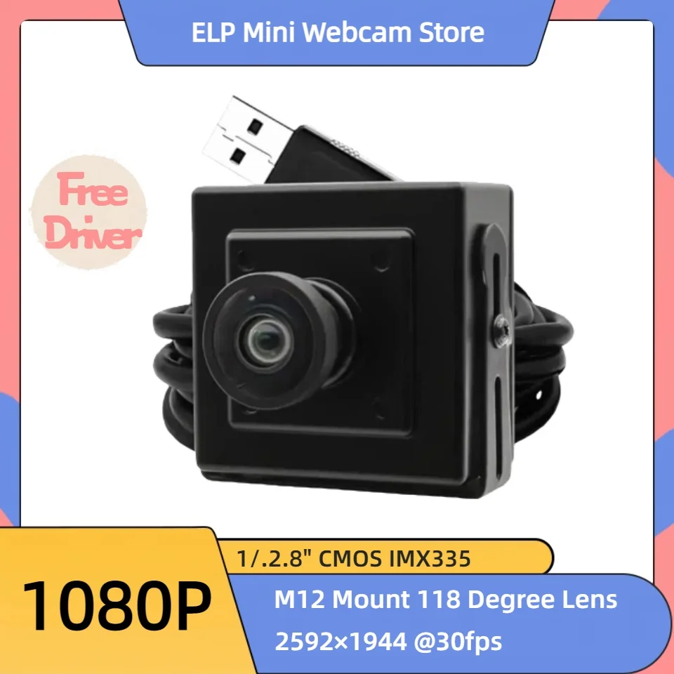 ELP 5MP USB Camera with No Distortion Lens 120 degree IMX335 USB Webcam for Live Streaming, Video Teaching, 3D Printing