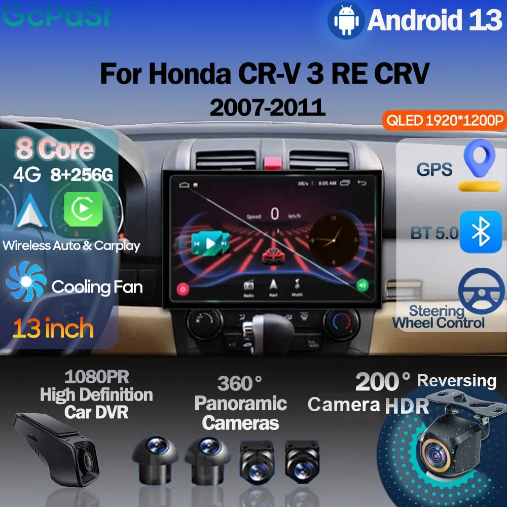 13 Inch For Honda CR-V 3 RE CRV 2007-2011 Android 13 Car Radio Stereo GPS Navigation DSP Video Carplay Player NO 2DIN DVD 5G BT