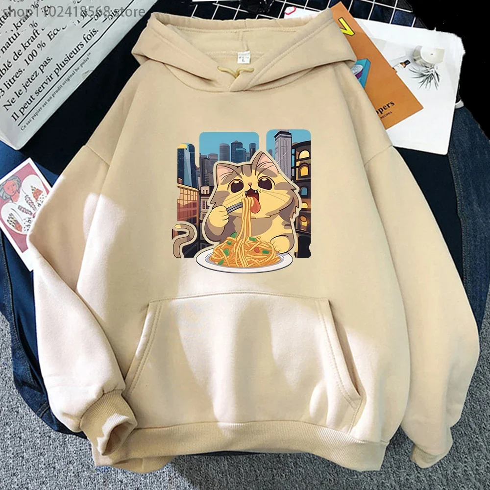 Cat Eating Spaghetti Hoodie for Women Cartoon Cute Animal Print Sweatshirt Men Aesthetic Clothes Harajuku Kawaii Girl Streetwear
