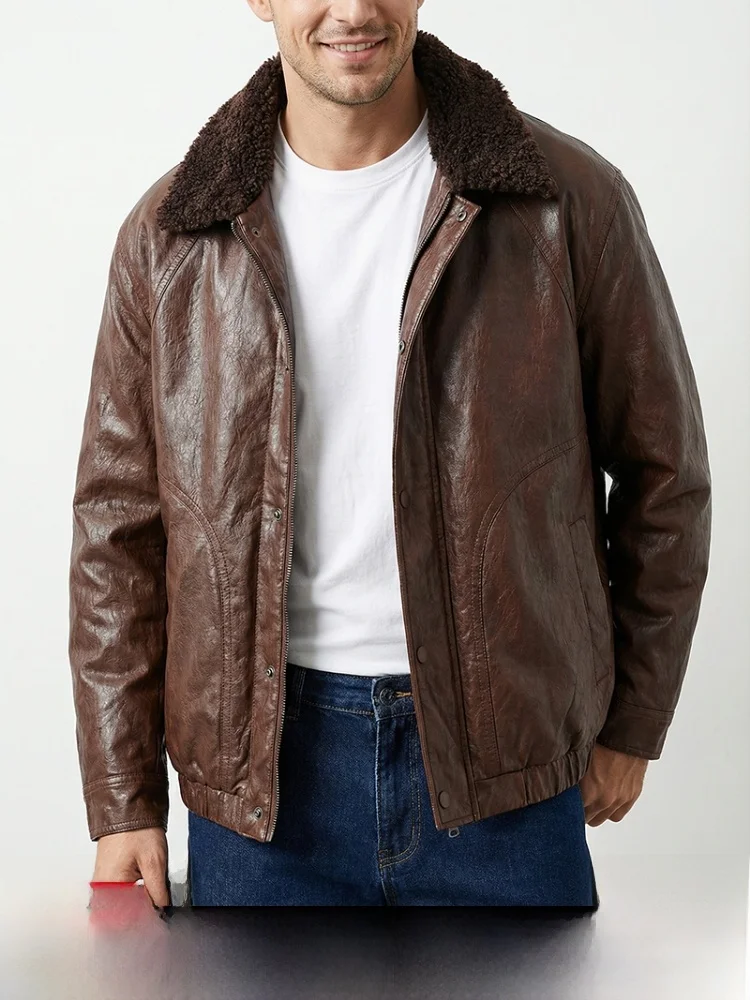 

Retro American Waed PU Leather Thiened Fce Lined Casual Biker Jaet for Men Warm Stand Fit Long Sve Zipper Closure