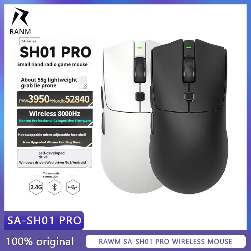 

RAWM SA-SH01 Pro Mouse Wireless Lightweight Gaming Office 8K 600mAh RAWM SA-SH01 Three Mode PAW3950 PAW3395 Small Hand 750IPS