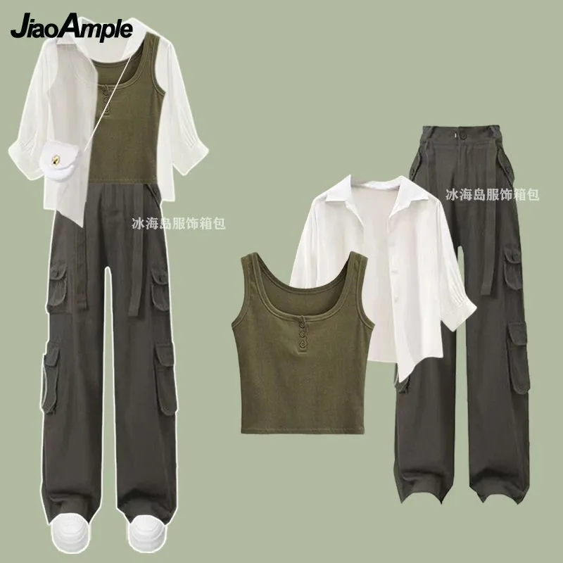 

2024 Summer New Fashion Casual Matching Set Women's Elegant Chiffon Sunscreen Shirt+Vest+Vintage Cargo Pants Three-Piece Suit