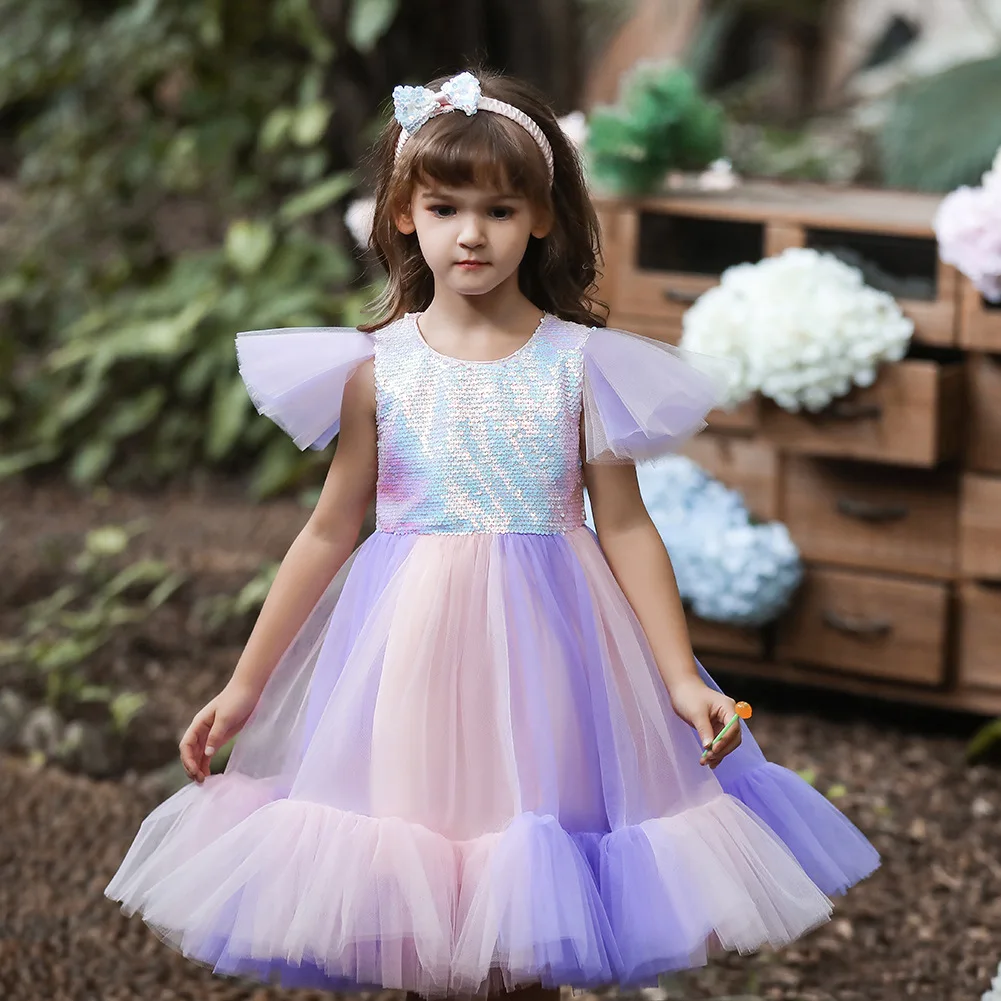 

Girls Party Dresses Big Bow Girls Princess's Dresses Sequined Colorful Kid's Puffy Clothes For 100cm-150cm Gauze Skirt 3 Colors