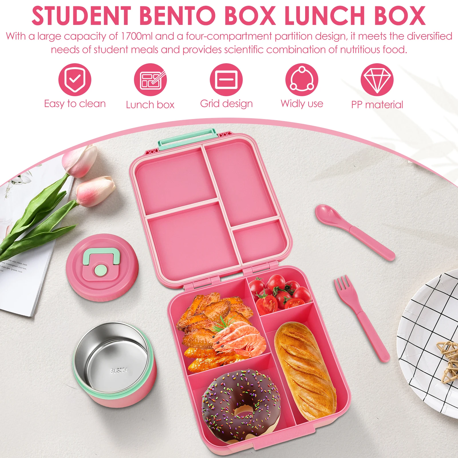 1700 مللي بينتو علب الاغذية مع ملعقة شوكة الاطفال قدرة عالية الميكروويف حاويات الغذاء المحمولة مانعة للتسرب نزهة وجبة صندوق جرة الحساء #2