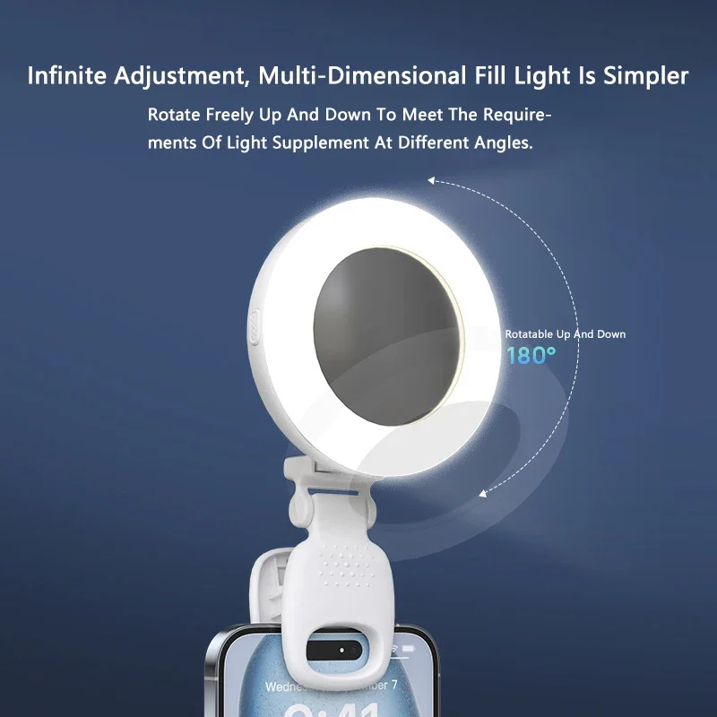 Lampu Selfie Kecantikan Ponsel dengan Cermin Portabel untuk Mengambil Foto Langsung Lampu Mini Putar Universal untuk Smartphone